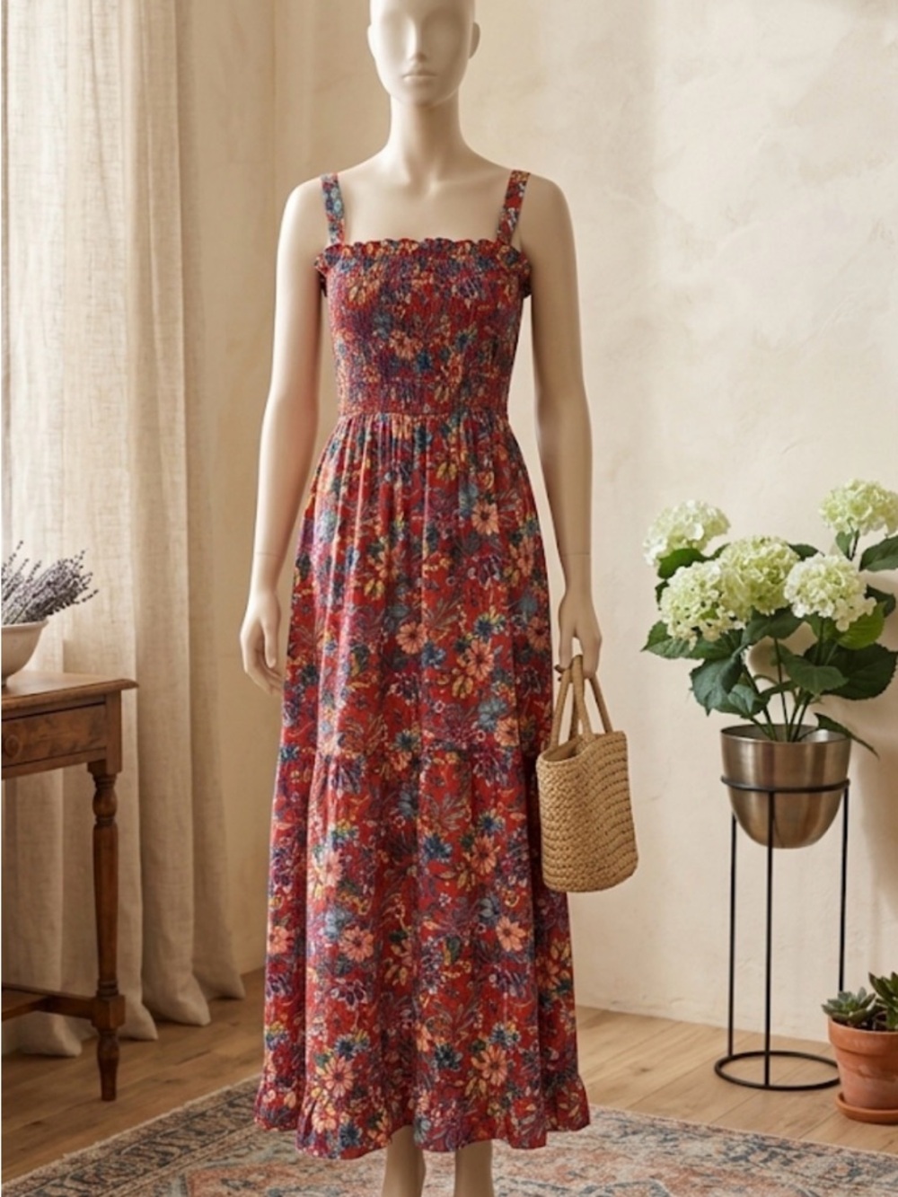 Red Floral Smocked Maxi Dress with Straps